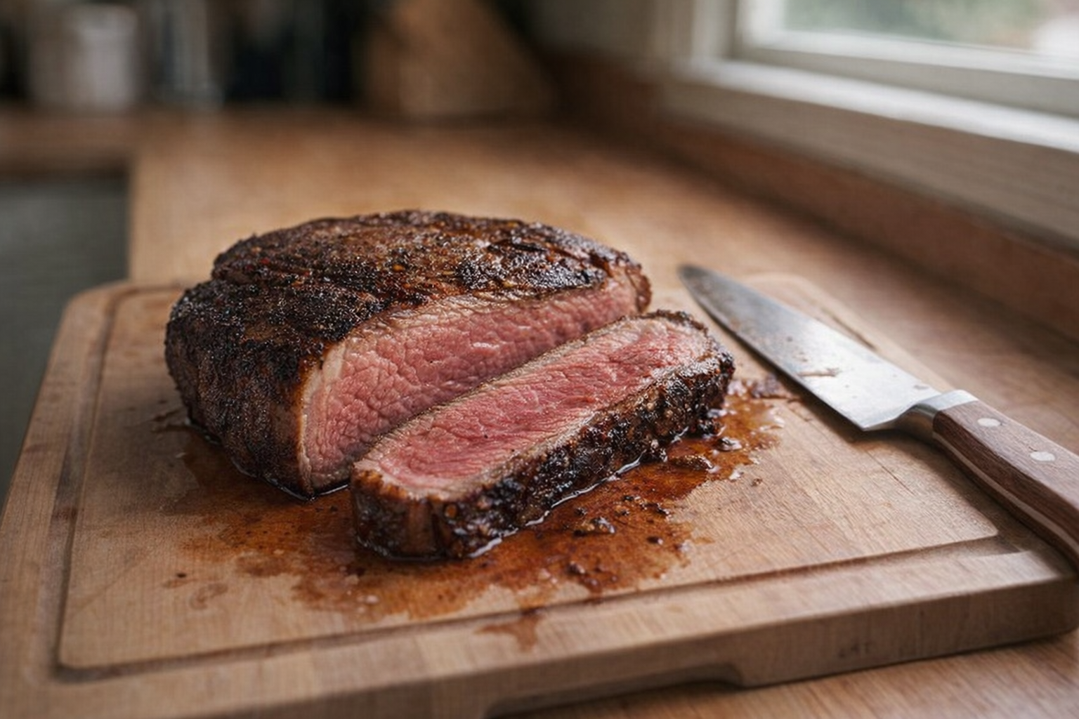 A perfectly reheated steak, medium-rare, with a slight sear, resting on a cutting board with a knife. Natural light from a nearby window.